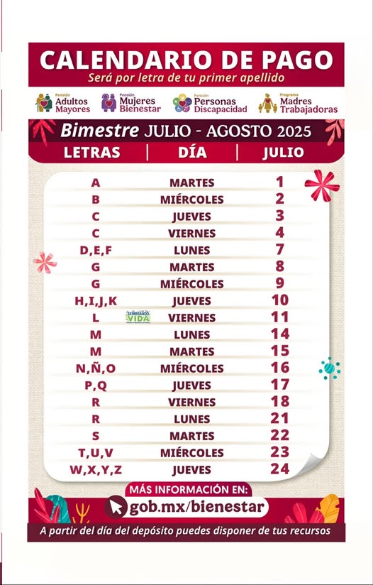 ¡Ya está disponible el Calendario de Pagos Bienestar para JULIO ...
